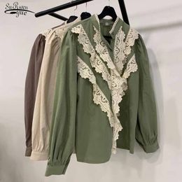 Fashion Spring Temperament Blouse Women Lace Stitching Stand-up Collar Ladies Tops Style Long Lantern Sleeve Shirt 12797 210521