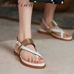 Meotina Women Sandals Shoes Natural Genuine Leather Sandals Buckle Flat Shoes Round Toe Cow Leather Lady Footwear Summer White 210608