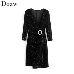 Women Elegant V Neck Dot Dress Diamonds Black Color Fashion Mini es Three Quarter Sleeve Party Lady Vestido De Festa 210515