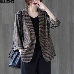 Women Retro Cotton Linen Striped Blazer Jackets Spring Long Sleeve Double Button Suit Jacket Female Elegant Loose Outwear 210514