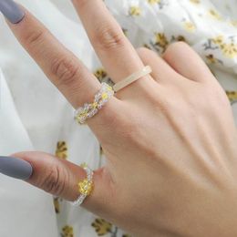 3 Pcs/Set Bohemian Female White Acrylic Glass Beads Handmade Beaded Weave Yellow Flower Rings Set For Women Jewelry Beach Style
