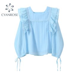 Fashion Shirts Women Summer Korean Style Square Collar Long Sleeve Draped Soild Blue Office Female Blouse Top 210515