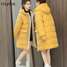 Mid-length Sustans Parkas Women Korean Loose Double Pockets Winter Jacket Candy Colour Hooded Cotton Coat 1H111 210422