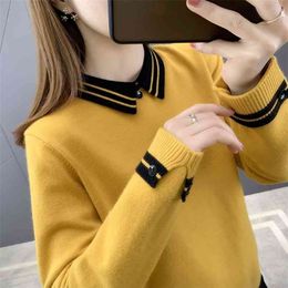 Bottoming Shirt Women's Lapel Top Large Size Loose All-match Doll Collar Knit Sweater Female Pullover Autumn 210914