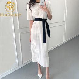 Korean Chic Women Dress Office Ladies Casual Pleated Short Sleeve Dresses Bandage Lacing Bow OL Vestidos Femme Elegante 210506