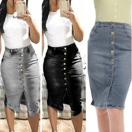 Women Fashion High Waist Denim Distressed Jeans Bodycon Long Skirt Buttons Pockets Split Bandage Jeans Skirt X0522