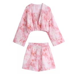 Sweet Women Pink Tie-dye Shorts Suit Summer Fashion Ladies Cropped Match Suits Girls Y2K V Neck 210515