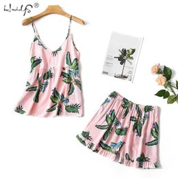 Leaf Print Pyjamas for Women Floral s Pyjama Set Summer Pyjamas Sexy Sleepwear V-Neck Pijama Mujer 2 Piece Sets 210809