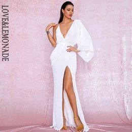 LOVE&LEMONADE Sexy White V-Neck Single Sleeve Sequins Split Party Maxi Dress LM81848 210323