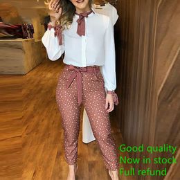 Pants Set Casual Women Two Piece Set Outfits Office Workwear Print Tied Detail Top & Polka Dot Sleeve Style Clothing Length Age X0428