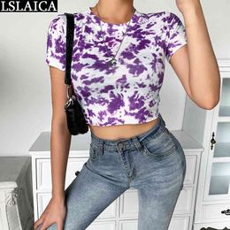 Tops Short Sleeve Round Neck Slim Casual Fashion Tie-Dye Print Bottom T-shirt Streetwear Blusas Mujer De Moda Verano 210520