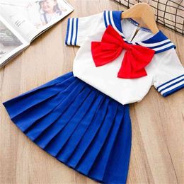 Summer Girls' Clothing Sets British Style T-Shirt+Pleated Skirt+ Bow Tie 3PCS School Student Uniforms Kids Children Clothes 210625