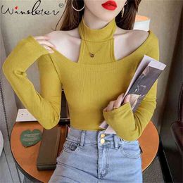 Spring Fall Korean Style T-Shirt Girl Fashion Sexy Off Shoulder Halter Women Tops Long Sleeve Slim Cotton Tees T11711A 210421