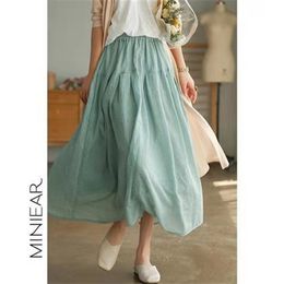 Arrival Summer Arts Style Women Solid Elastic Waist A-line Skirt All-matched Casual Mid-calf High Skirts W221 210512