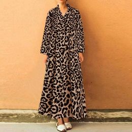 Plus Size S-4XL Vintage Leopard Women Long Shirt Dress Sexy V-Neck Turn-Down Collar Loose Spring Autumn Lady Dress W895 210526