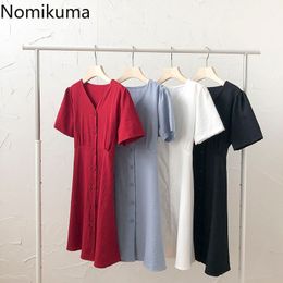 Nomikuma Dress Women Summer Korean Style Short Sleeve Slim Waist A-line Dresses Solid Color Single Breasted Robe Femme 210514