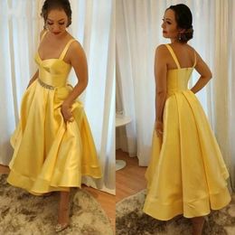 Simple Satin Yellow Prom Dresses Tea Length Pleated Spaghetti Straps Formal Evening Party Gown Custom Vestidos De Gala 2021