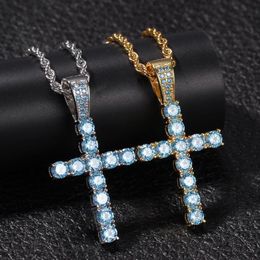 Pendant Necklaces Hip Hop Light Blue Cubic Zirconia Paved Bling Out Cross Pendants Necklace For Men Women Jewellery Gold Colour