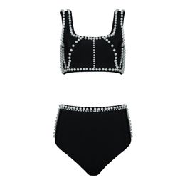 Bandage Set Suit Black Women Summer Autumn Arrival Sexy Beading Bikini 2 Piece Ladies Clothes 210515