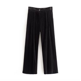 Stylish Black Velvet Wide Leg Pants Women High Waist Zipper Fly pockets Office Wear Full Trousers Pantalones 210430