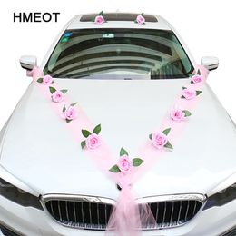 homemade DIY Artificial Flower White Wedding Car Decoration Door Handle Ribbons Silk Corner Flower Galand With Tulle Gifts Set 210317