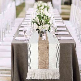 Table Runners Natural Burlap Splicing Cotton Boho Table Runner with Tassels Bohemian Rustic Home Christmas Wedding Table Decor 211117
