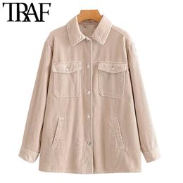 Women Fashion With Pockets Loose Corduroy Jacket Coat Vintage Lapel Collar Long Sleeve Female Outerwear Chic Tops 210507