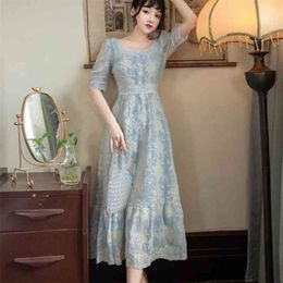High Quality Sweet Girl Lace Embroidered Party Long Fairy Dress Women Casual Boho Beach Holiday Summer Vintage Vestidos 210514