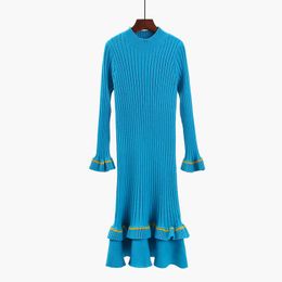 PERHAPS U Sky Blue Stand Collar Long Sleeve Flare Sleeve Knee Length Ruffle Mermaid Trumpet Dress Winter Autmn Elegant D0882 210529