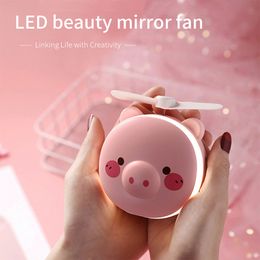 2 in 1 Mini Handheld Fans Portable LED Light Beauty Mirror Cartoon Multifunction USB Rechargeable Cooling Outdoor Small Fan