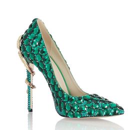 Designer-grüne Strass-Schlangenabsatz-Kleiderschuhe für Damen, einzigartige echtes Leder, spitze Zehen, High Heels, Pumps, Chaussures Femme, Hochzeitsschuh