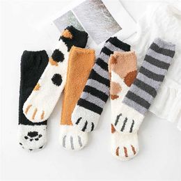 6 Pairs/Lot Set Pack Fuzzy Warm Socks Animal Claws Winter Kawaii Thick Cat Paw Socks Striped Cartoon Women Fluffy Cute Socks 211221