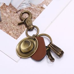 Retro Anncient Bronze Cowboy Hat Lather Key Ring Quicklink Keychain Holders for men fashion Jewellery will and sandy