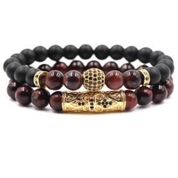 Elastic 8mm Natural Black Agate Bead Bracelet Set 2Pcs/Set Red Tiger Eye Bead Micro Pave CZ Ball Bracelet