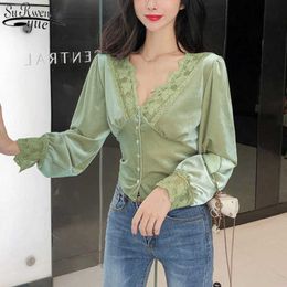 V-neck Woman Shirt Vintage Lace Women Blouse Solid Deep Pleuche Top Style Panel Long Sleeve Office Lady Clothes 10563 210527