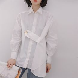 Summer Blouse Women Lapel Long Sleeve White Back Loose Big Size Irregular Shirt Fashion 210507