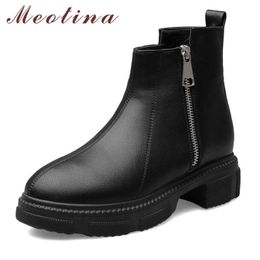 Meotina Autumn Ankle Boots Women Boots Zipper Chunky Heels Short Boots PU Leather Round Toe Shoes Ladies Winter Black Size 34-39 210608