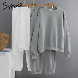 Syiwidii 2 Piece Set Tracksuit Women Spring Sportswear Elastic Waist Sweatshirt Sweatpants Loose Pants Set White Black Gray 210707