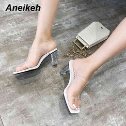 Summer Women Shoes Slippers Slides Rubber PVC Basic Solid Outside Square heel Adult Shallow Toe White Blue Khaki 210507