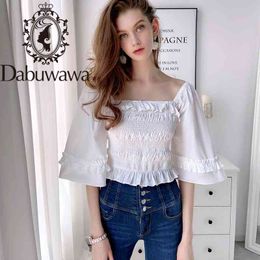 Dabuwawa Vintage Sexy White Flare Sleeve Frilled Blouse Women Square Neck Slim Fit Elegant Blouses Office Lady DT1BST026 210520