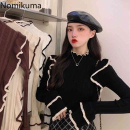 Nomikuma Knitted Half Turtleneck Sweater Women Contrast Colour Long Sleeve Slim Fit Ruffle Patchwork Pullovers Basic Tops 3d668 210514