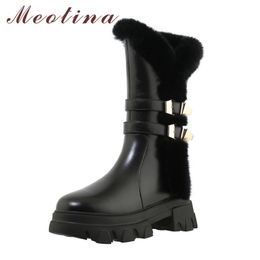 Buckle Real Leather Platform High Heel Mid Calf Boots Women Shoes Zip Warm Fashion Female Snow Winter Black Beige 210517