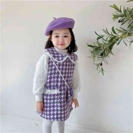 Spring Arrival Girls Fashion Long Sleeve 2 Pieces Knitted Suit Blouses+vest Dress with Bag 210528