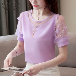 Fashion Women Blouse And Tops 2021 Plus Size Tops Shirts Ladies Tops Chiffon Blouse Pink Shirts Solid Puff Sleeve 3655 50 210317