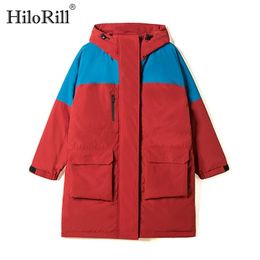 Casual Patchwork Parkas Women Long Sleeve Loose Thick Warm Coats Female Zipper Pocket Hooded Jacket Ropa Mujer 210508