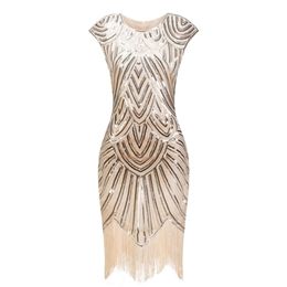 Anni '20 Flapper Great Gatsby O-Collo Manica ad aletta Paillettes Frange Party Midi Vestido De Verano Abito estivo da donna 210323