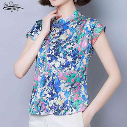 Spring Summer Style Silk Short Sleeve Floral Blouse Women Blusas Plus Size Printed Pullover Ladies Shirt Slimming 8681 210427
