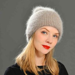Autumn Rabbit Hair Winter Warm Beanies s Casual Women Solid Adult Cashmere Knitted Beanie Hat with Bright Wire