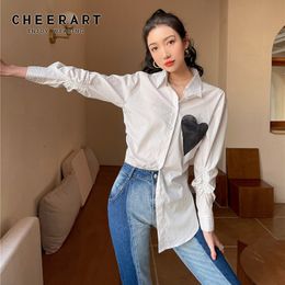 Embroidery Heart Shirt Long Sleeve Top And Blosue Fashion Women White Striped Button Up Collar Designer 210427