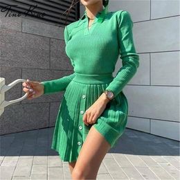 Knitted Pleated Mini Skirt Two Piece Set Women Skinny High Waist A-line Skirts Suit Female Autumn Lady Sexy Patry Sets 220302